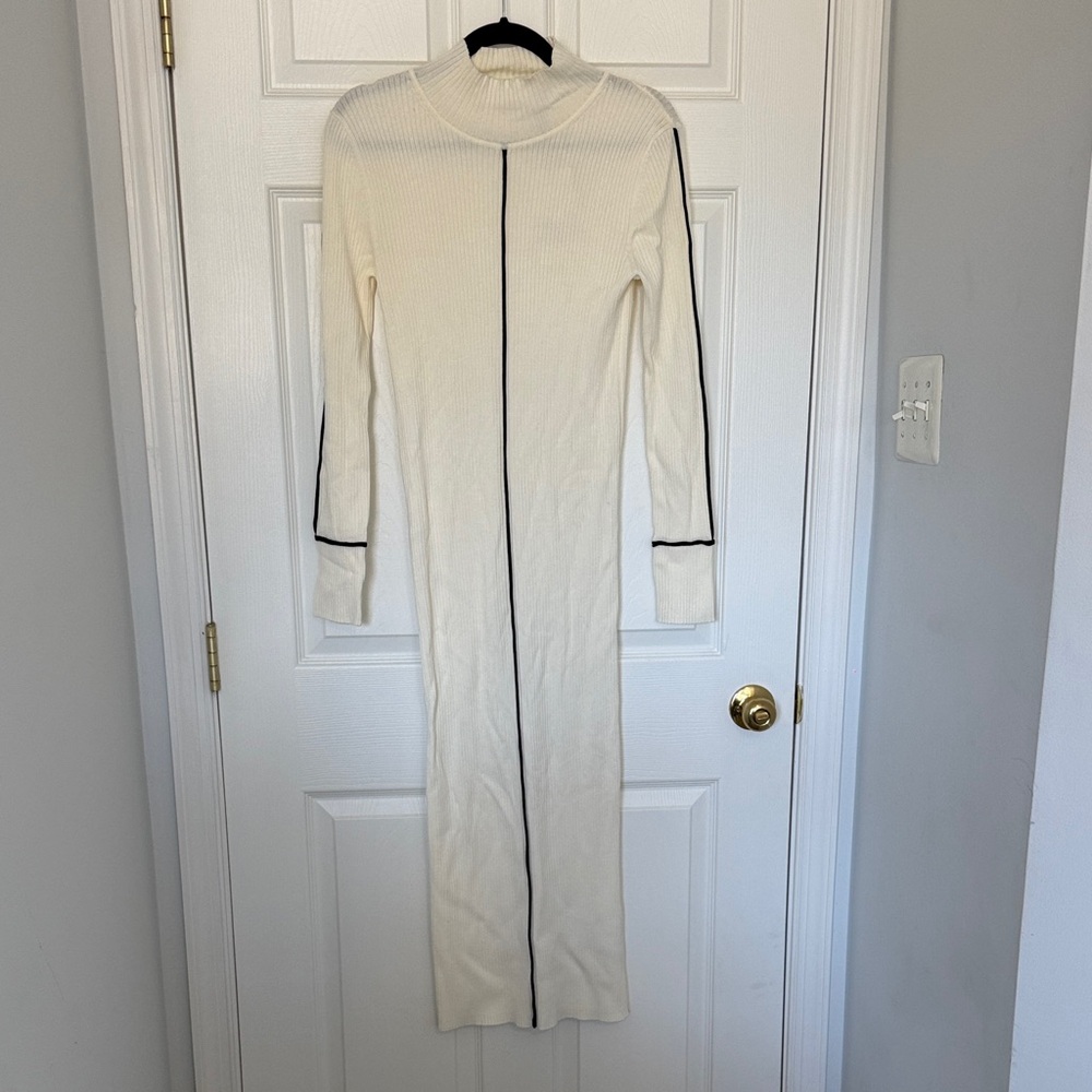 Zara Cream Long Sleeve Dress with Black Trim